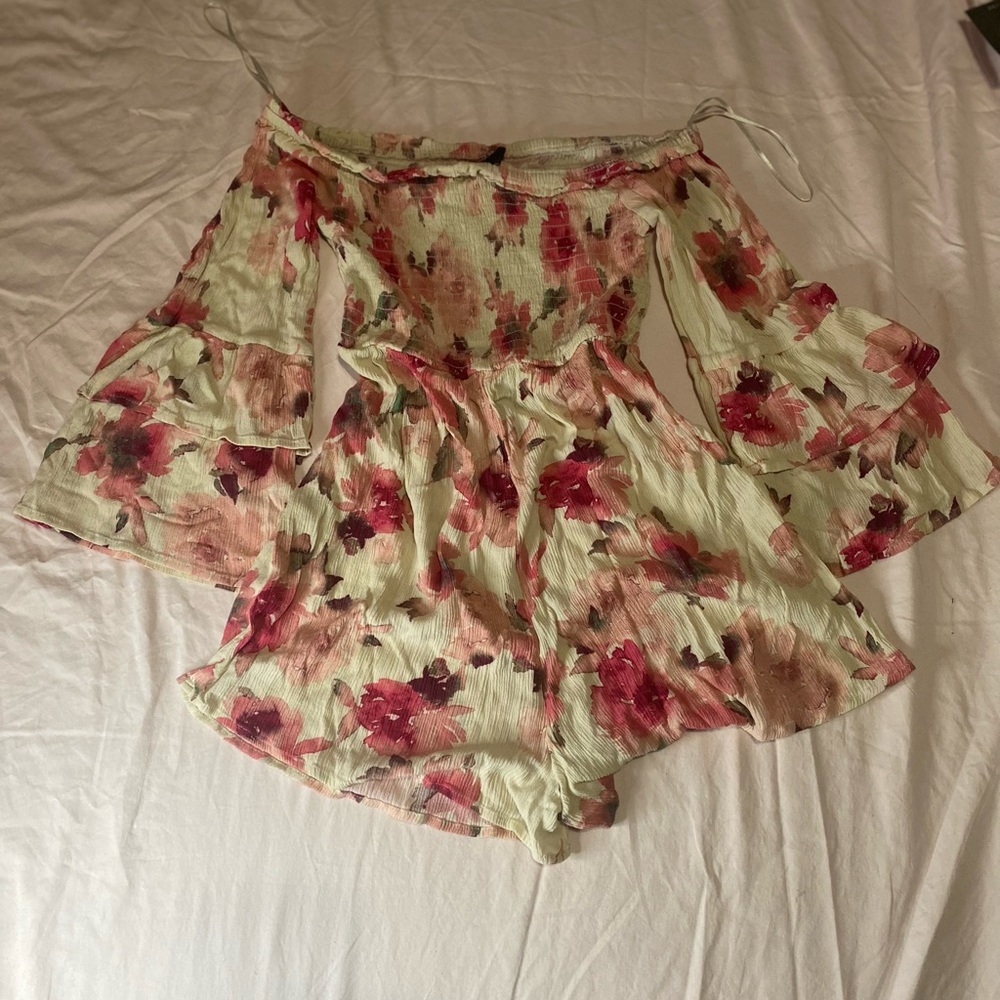 blue b floral off the shoulder romper